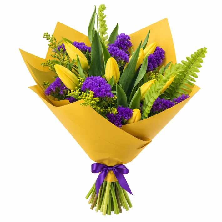 זר טוליפים אביבי בצהוב וסגול של Haifa Flower
